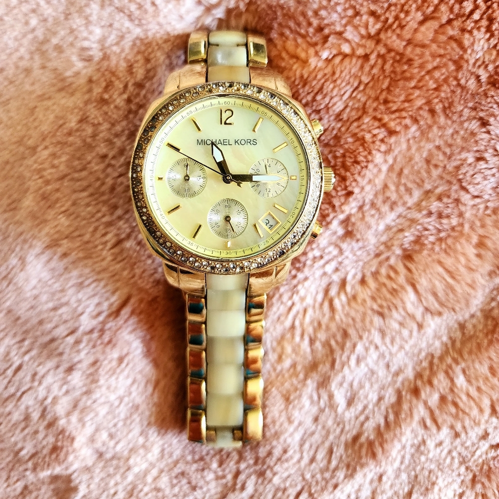 Michael Kors Gold and Cream Watch with Two-Tone Design